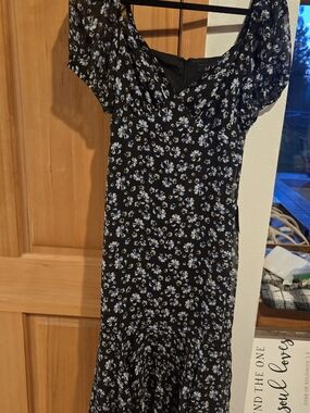 Lulu's Black Midi Dress with Light Blue Floral Print